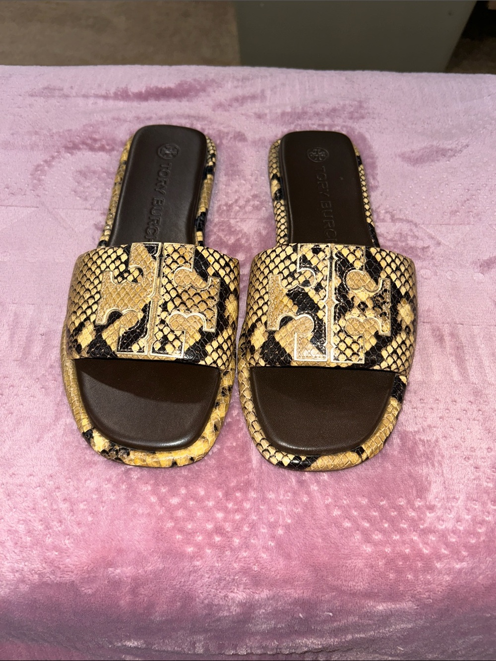 Tory Burch Yellow and Black Snakeskin-Pattern Slide Sandals